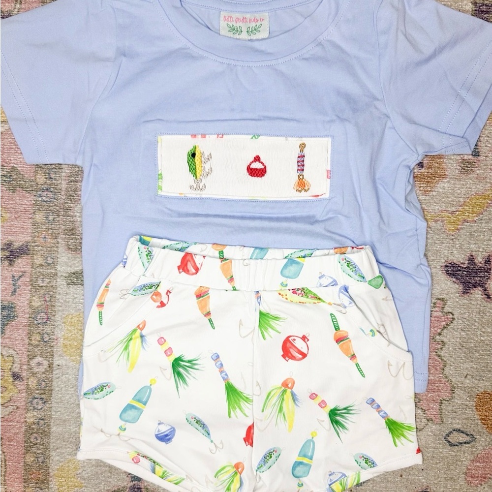 Tutti Fruitti Light Blue Boy Tee with Smocked Fishing Lure an Print Shorts